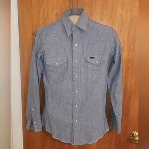Vintage Wrangler Denim Pearl Snap Shirt Mens 15-33 Blue Long Sleeve Western